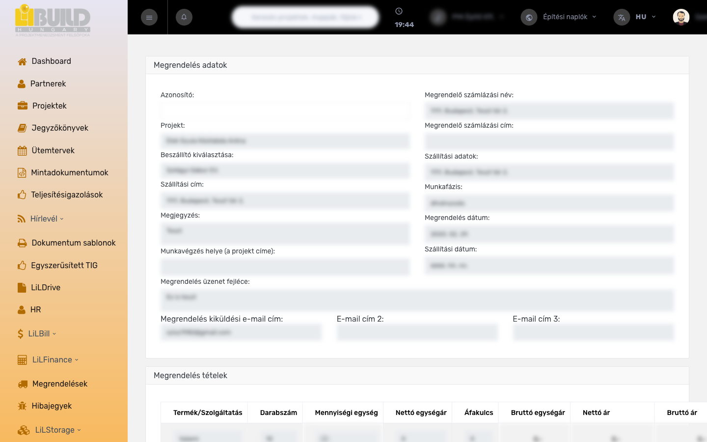 Megrendelés adatlap – a Megrendelés adatok szakasz a projekt-, beszállító- és címmezőkkel