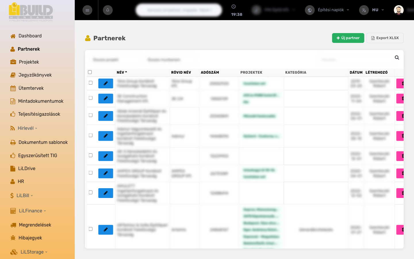 Partnerek lista – szűrősáv, kereső és a partnerek táblázata