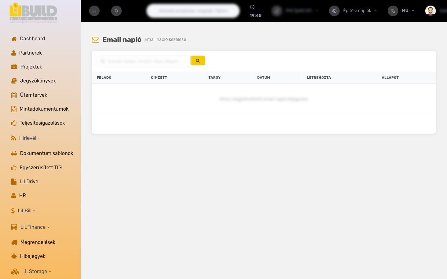 Email napló – kereső és a kiküldött levelek táblázata állapotjelzéssel