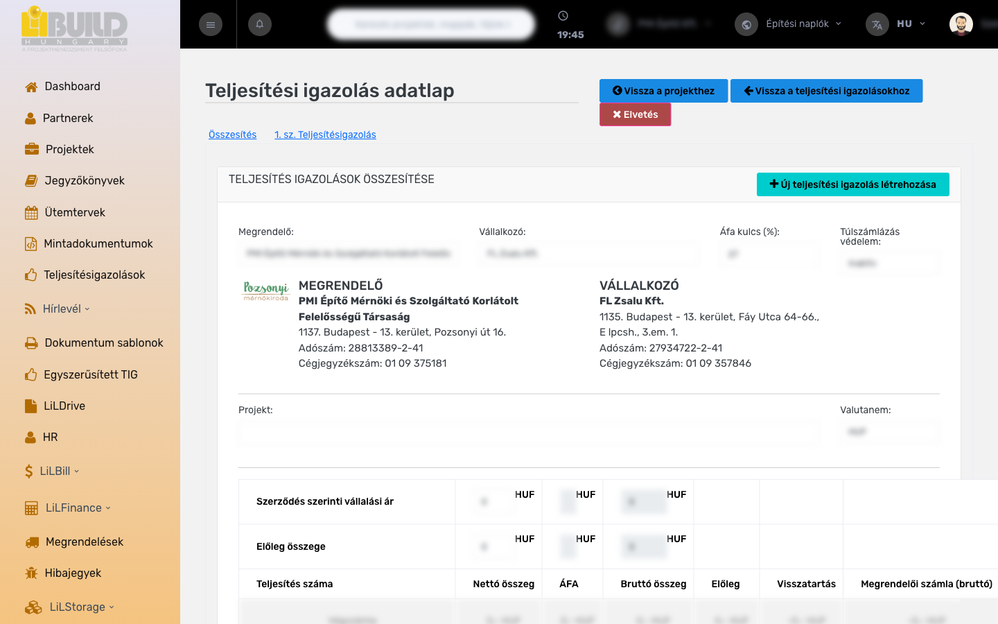 Teljesítésigazolás adatlap – Összesítés fül a Megrendelő/Vállalkozó fejléccel és a teljesítések táblázatával